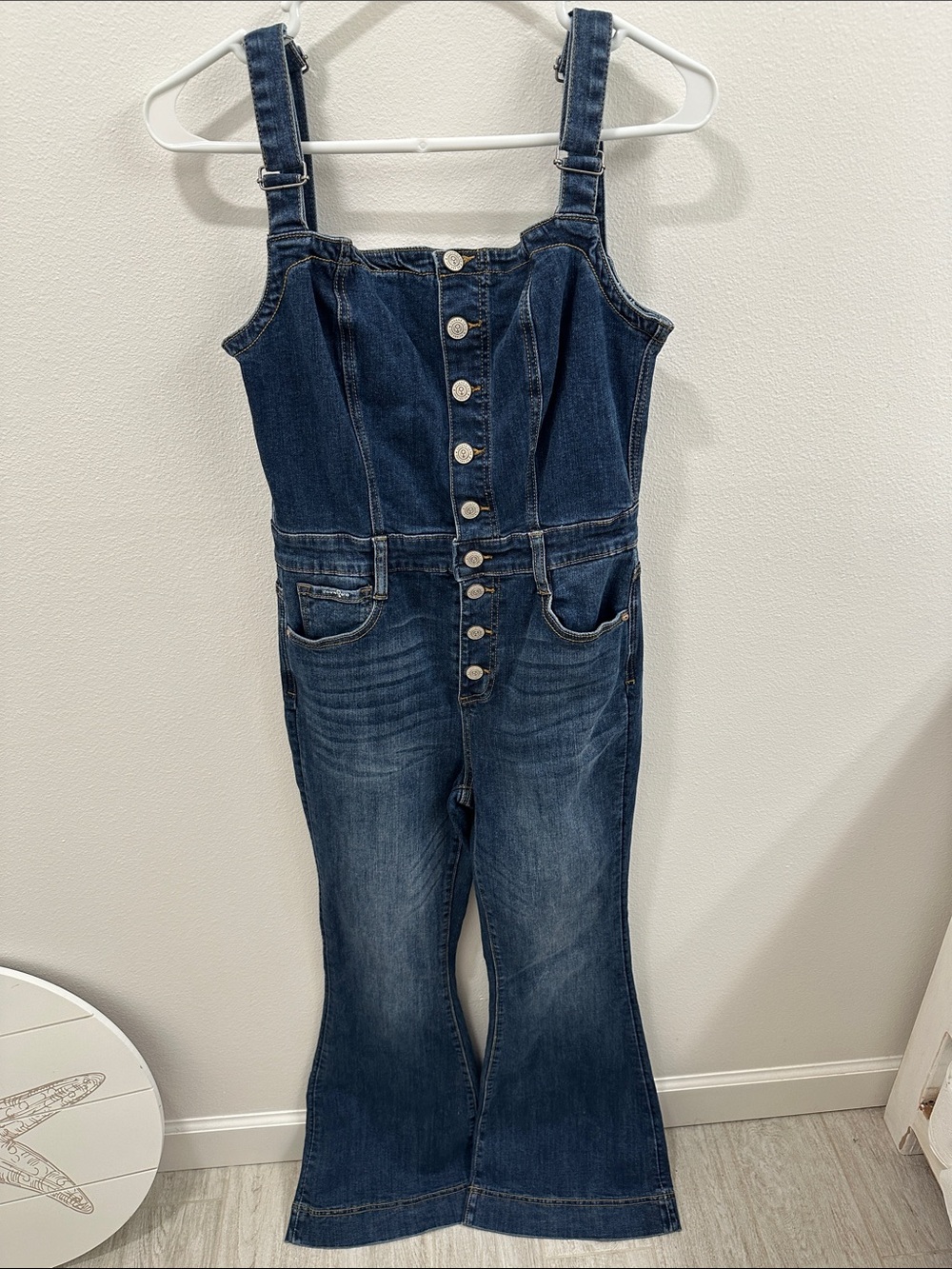 Trendy Dark Blue Feminine Denim Button-Front Wide-Leg Jumpsuit - NWT!